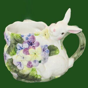 Rare House of Zog ceramic Coffee Bunny Mug with purple, blue, yellow violets wi